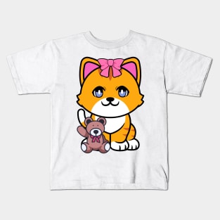 Funny Orange cat is holding a teddy bear Kids T-Shirt